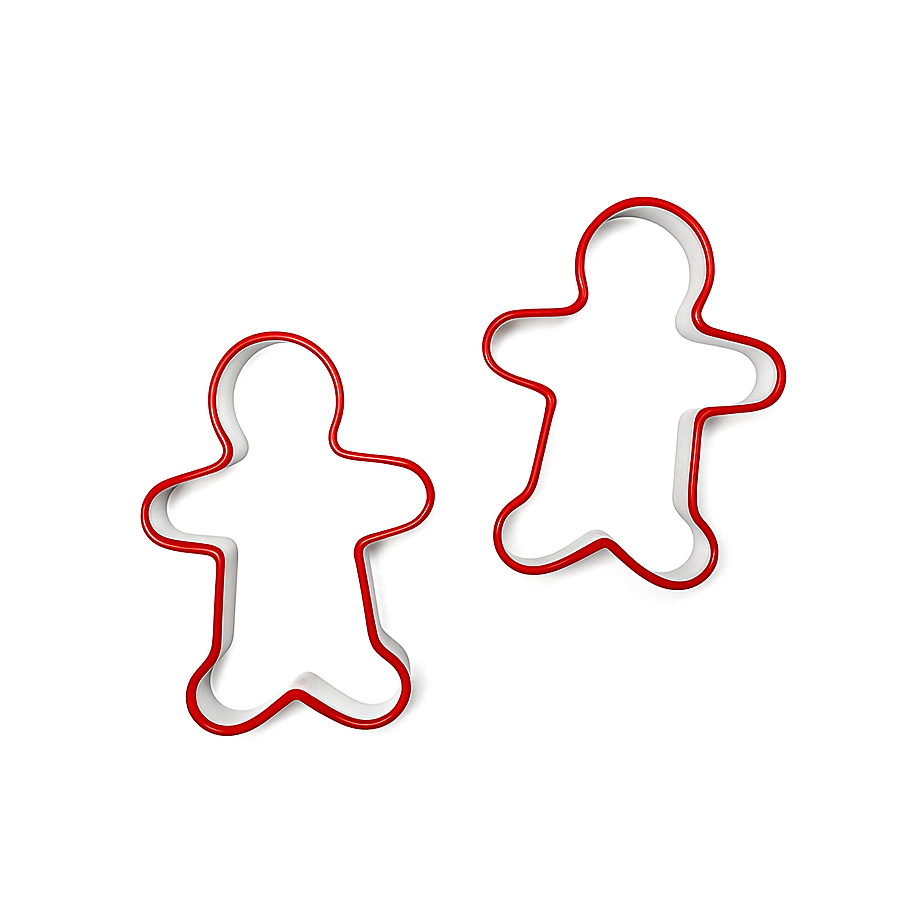 Two gingerbread man cookie cutters on a white background