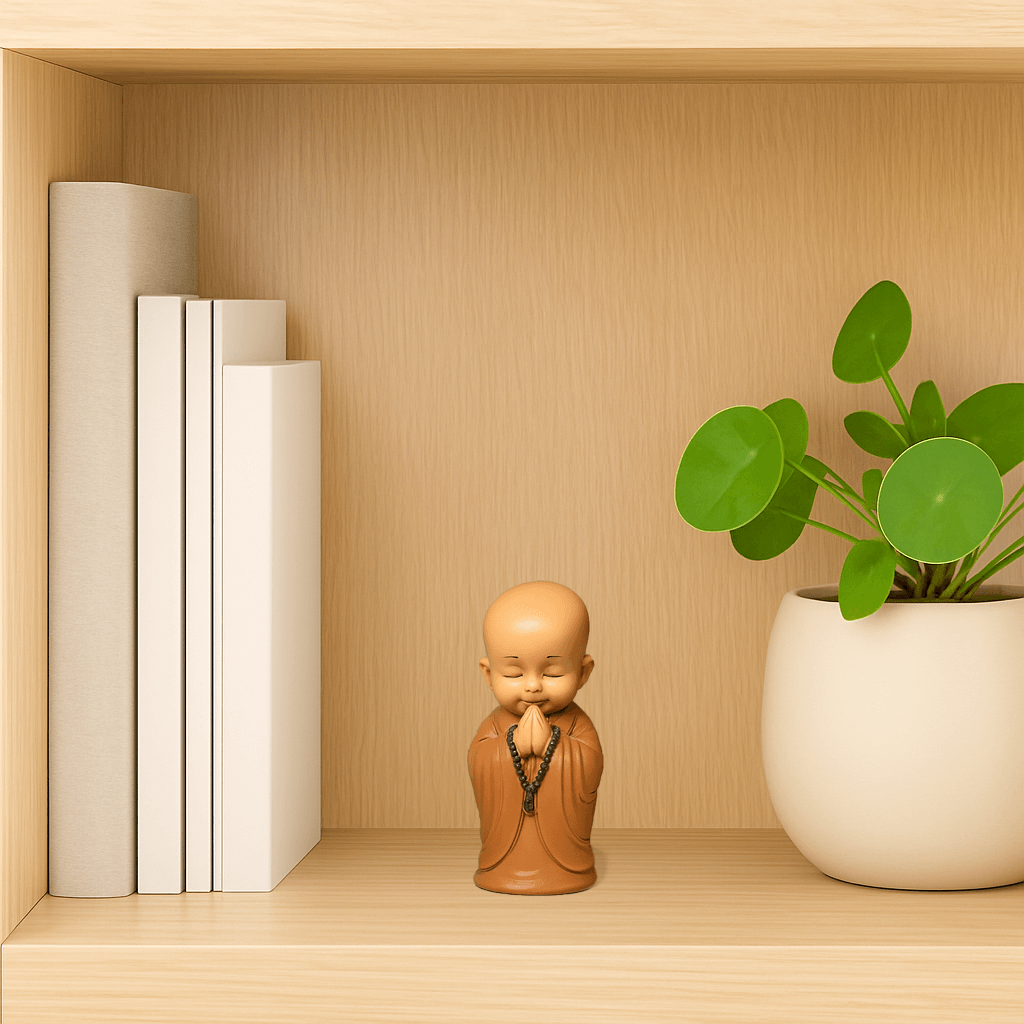 Wooden Elseware Unplug monk figurine, white books, and potted plant on a wooden shelf
