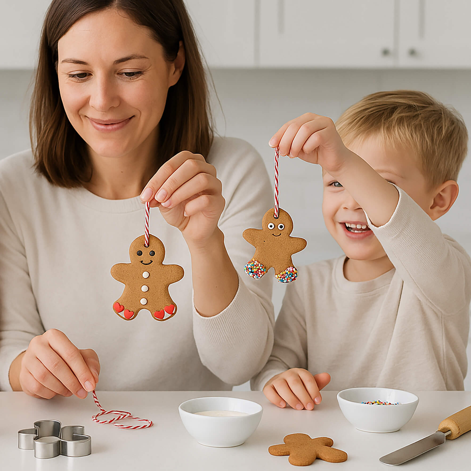 Woman and child making elseware unplug and eco-kids gingerbread ornaments together in a kitchen