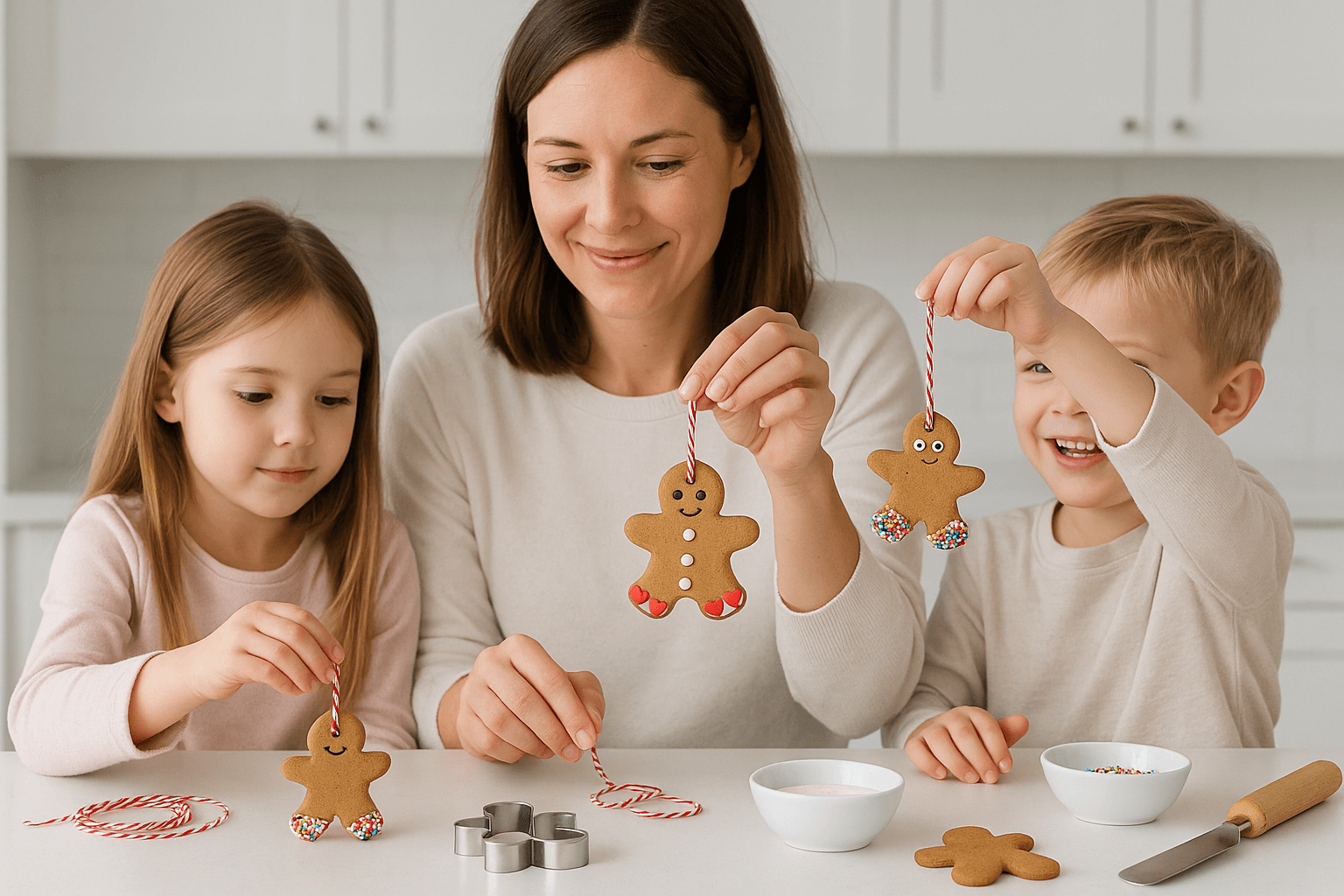 Woman and two children making elseware unplug and eco-kids gingerbread ornaments in a kitchen