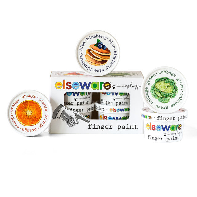 Full Elseware Unplug finger paint set showing all fruit and vegetable lid illustrations including orange, blueberry, and cabbage.
