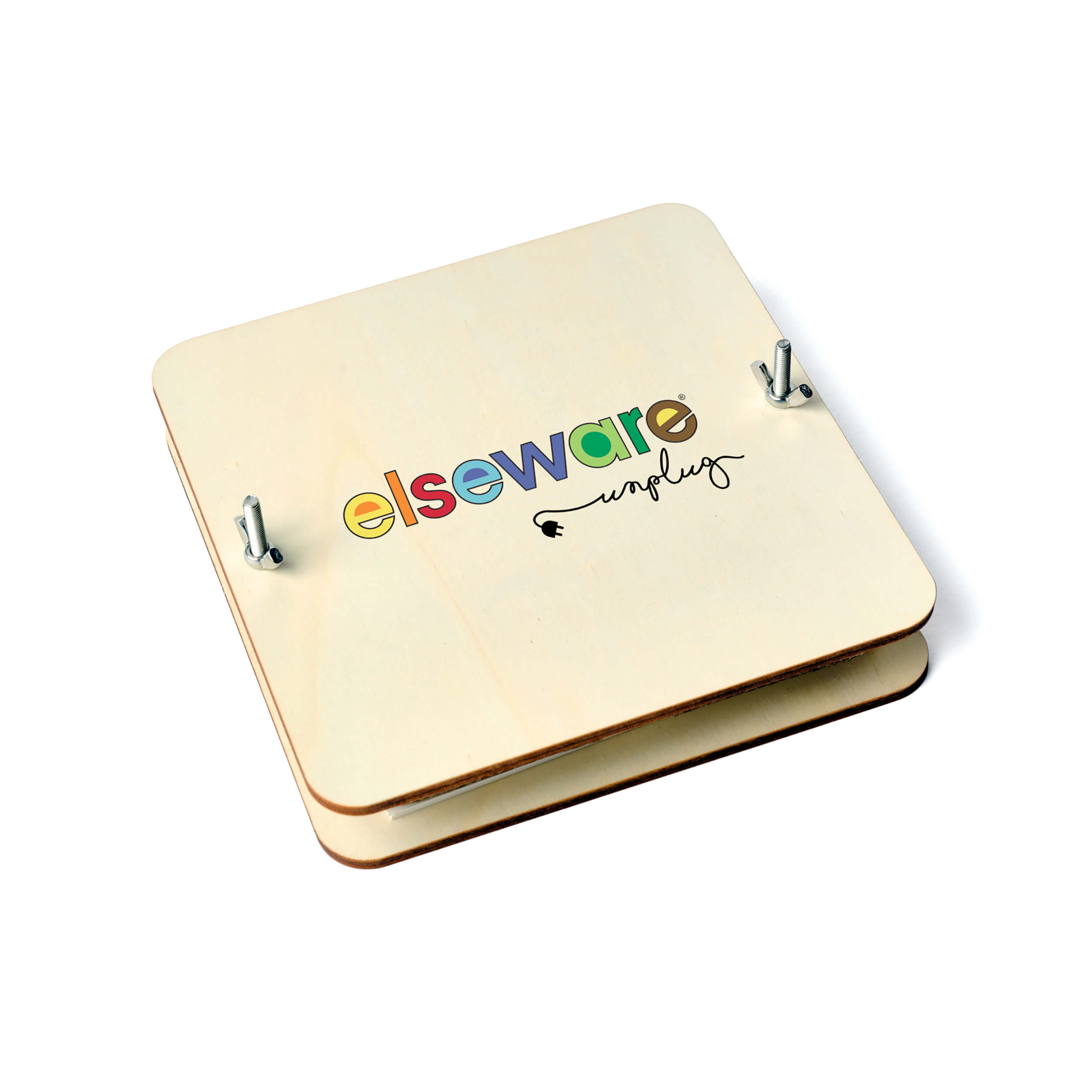 Top view of Elseware Unplug flower press with wooden plates and logo assembled with bolts