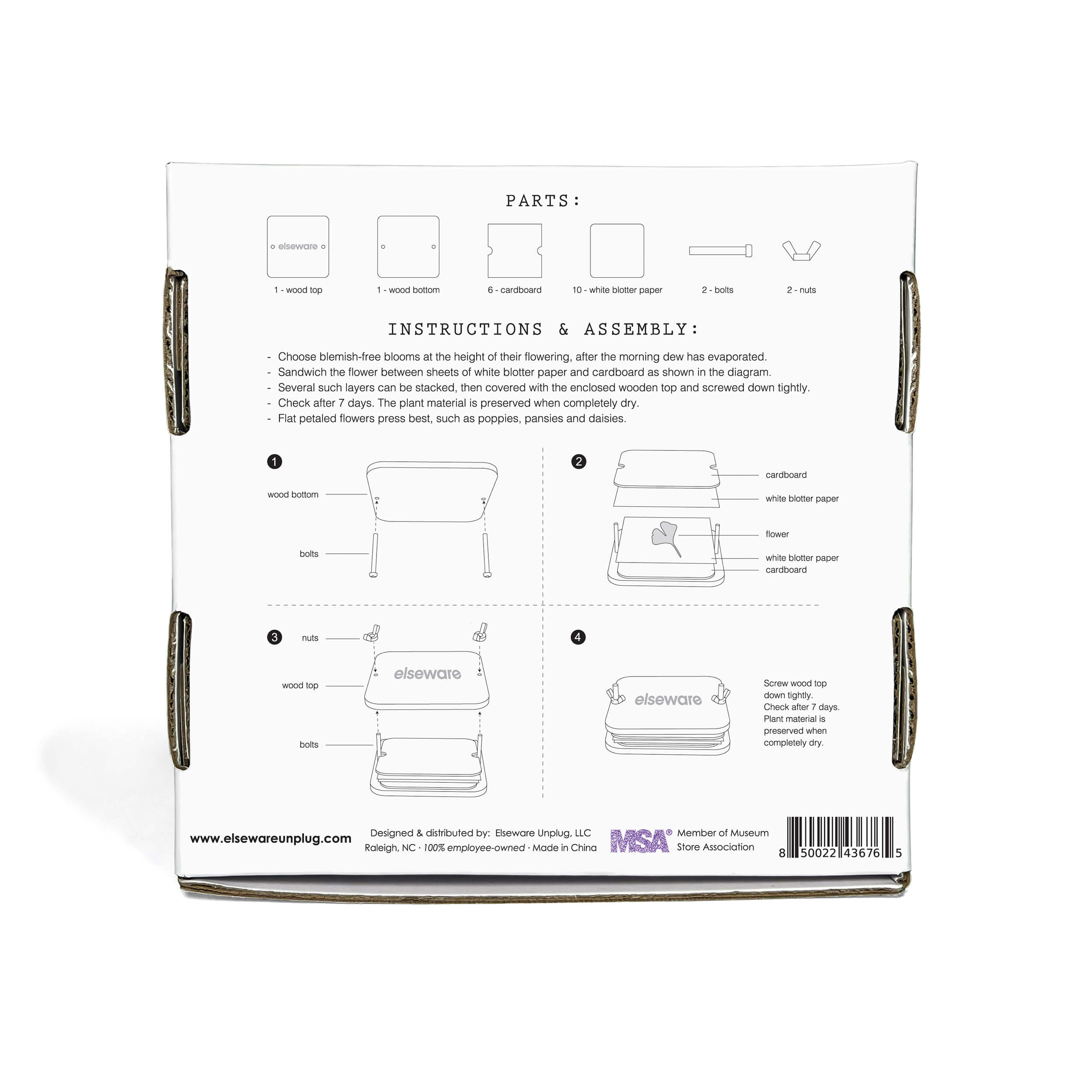 Back of Elseware Unplug flower press packaging showing instructions and contents for pressing flowers