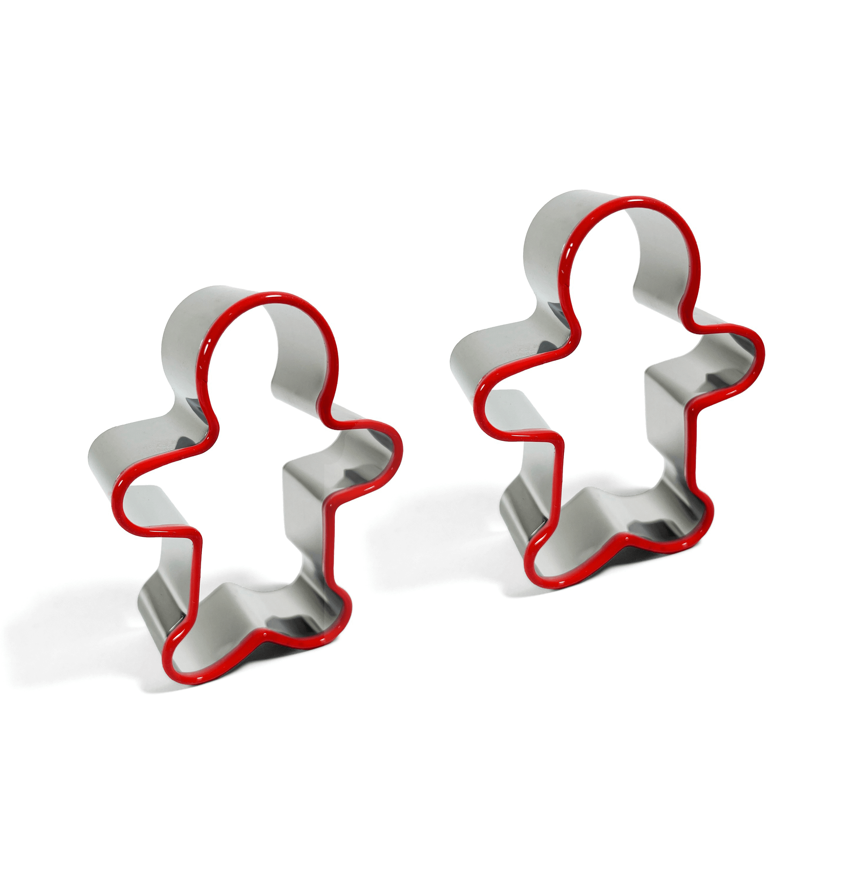 Two metal cookie cutters shaped like people with red outlines on a white background