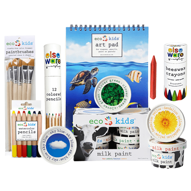Collection of eco-friendly art supplies for kids including paintbrushes, colored pencils, an art pad, beeswax crayons and milk paint.