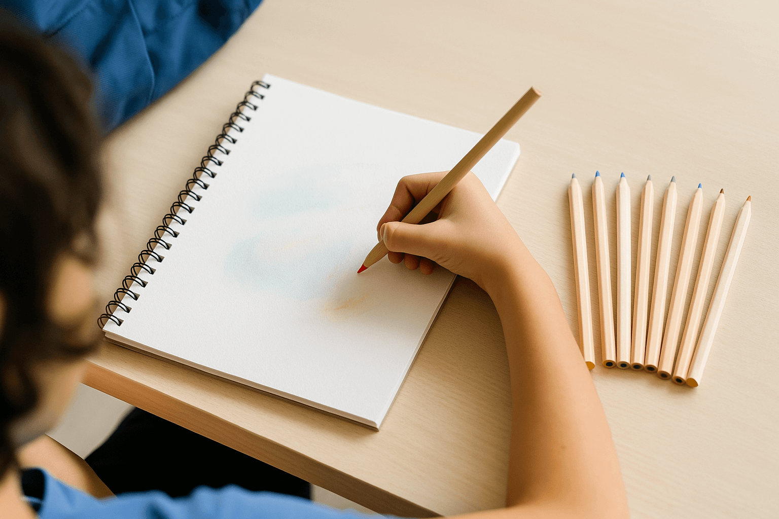 Child drawing with wooden colored pencil in spiral watercolor pad with pencils arranged on light table, back-to-school theme by Elseware Unplug