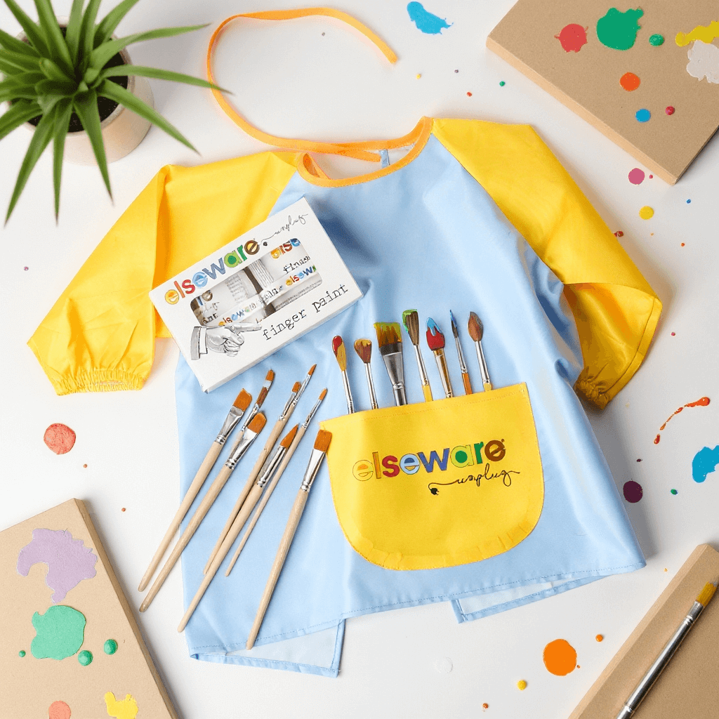 Children's art smock with paintbrushes and paint supplies on a white surface.