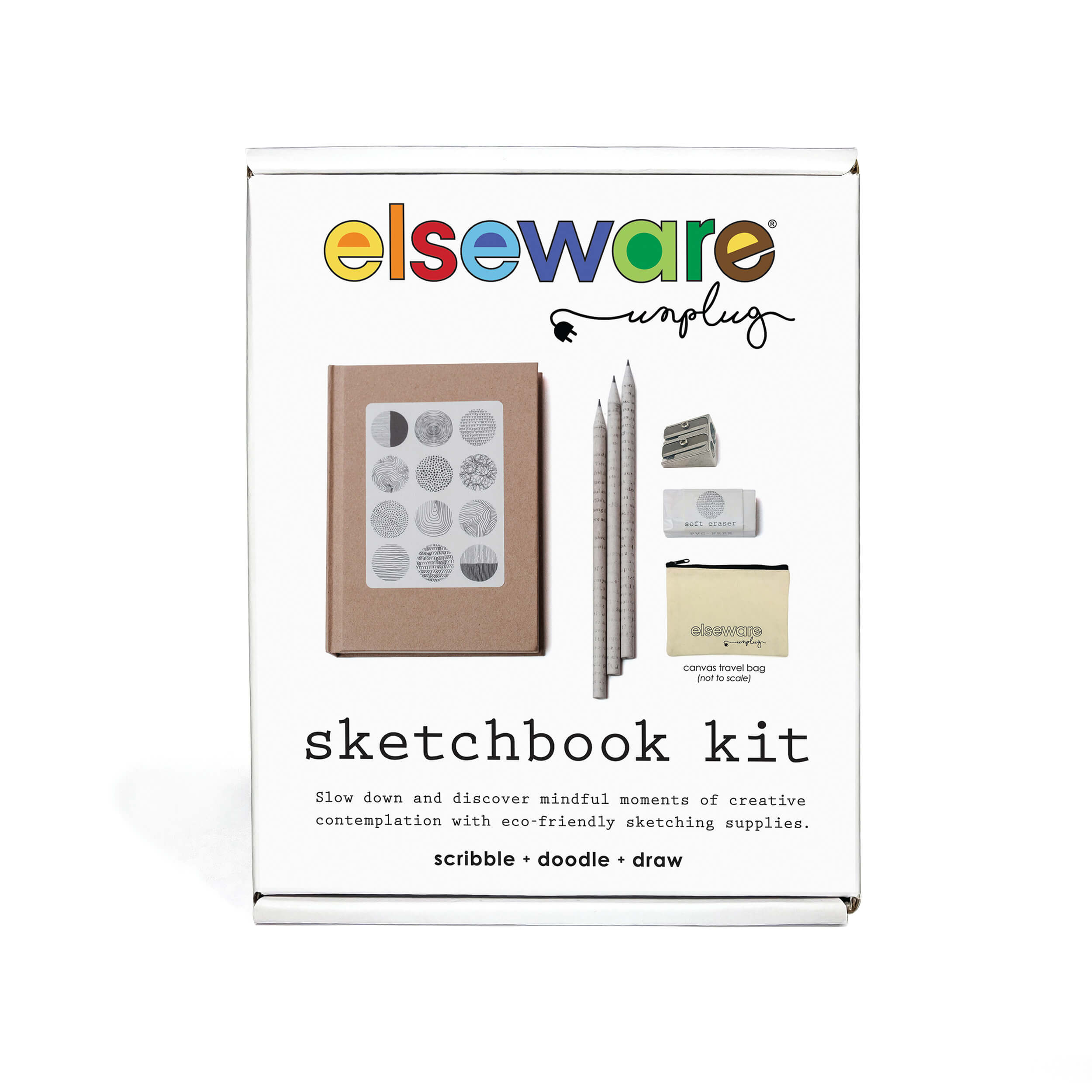 Front of Elseware Unplug Sketchbook Kit packaging with images of included art tools