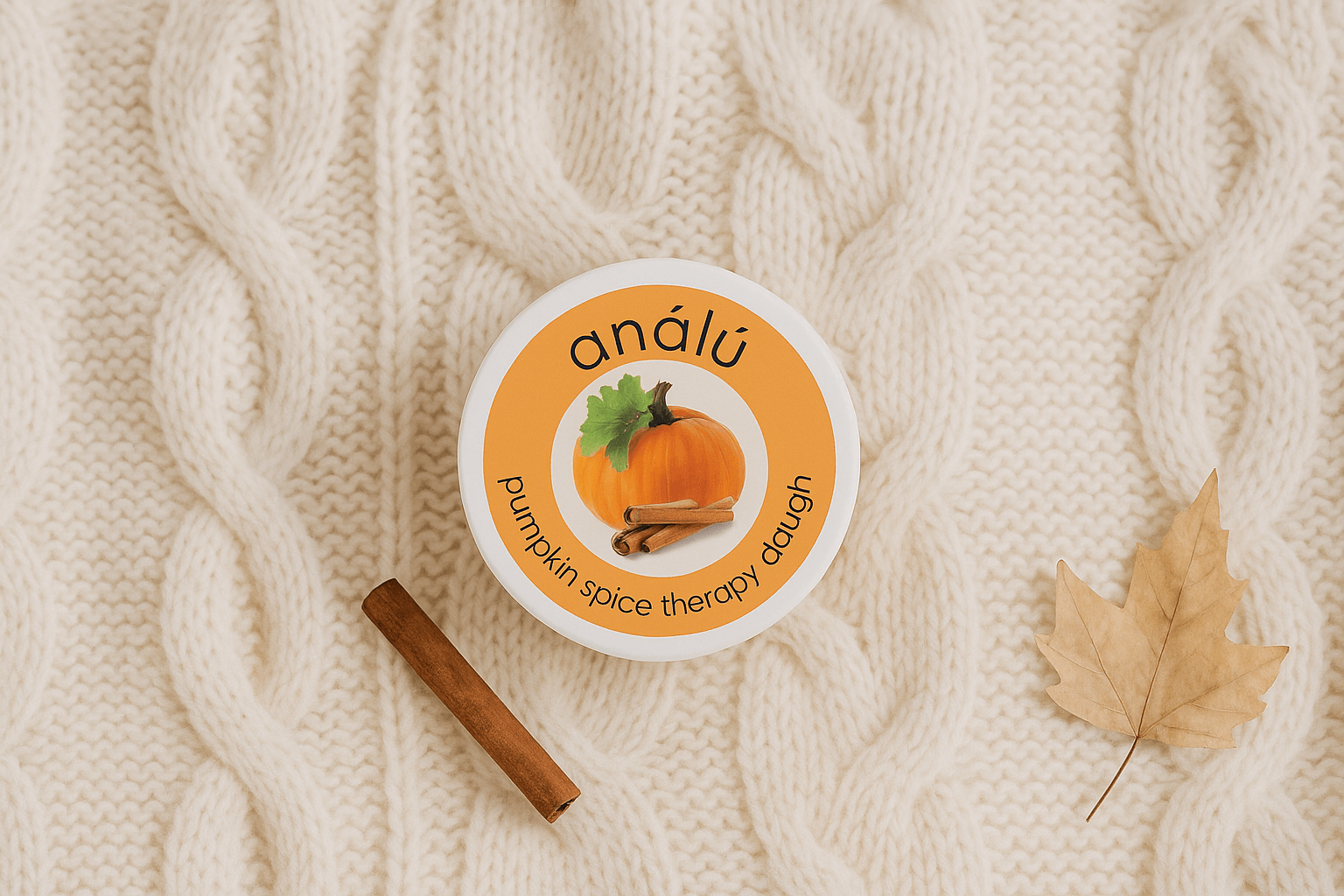 Analu pumpkin spice therapy dough by Elseware Unplug on cozy white knit background with cinnamon stick and fall leaf