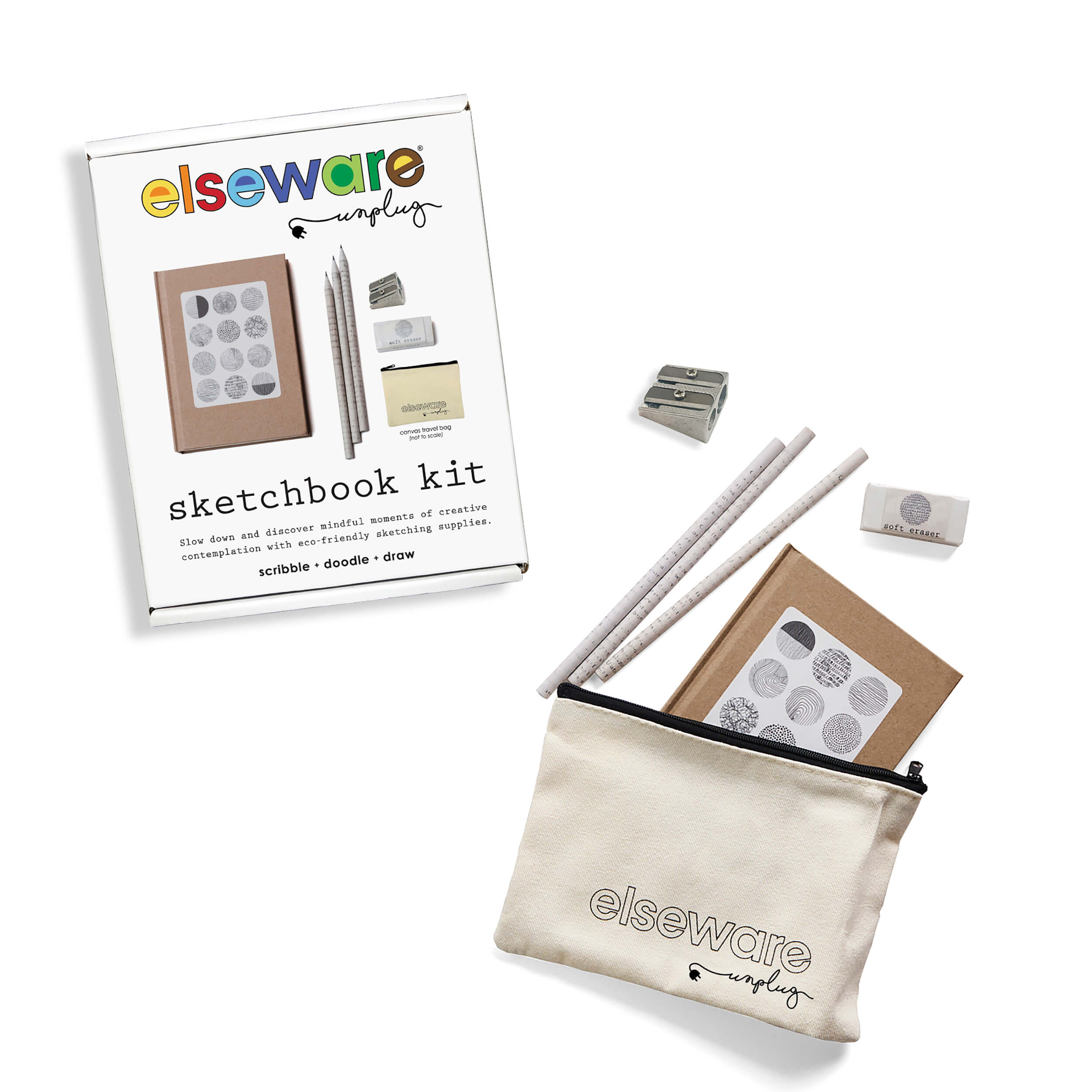 Back of sketchbook kit box showing mindful drawing prompts and example scribble exercises