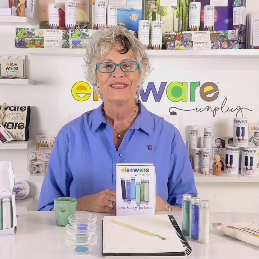 Product demo video showing how to mix and use Sea & Sky natural pigment paints by adding water to the powdered pigments to create watercolor or tempera paint and applying the colors with a brush.