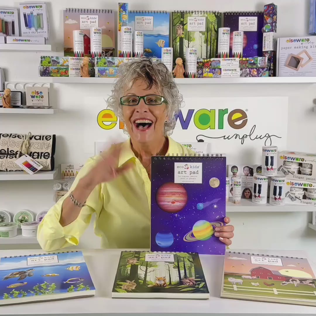 Product demo video showing the 8.5 x 11 spiral bound drawing pad with themed covers and smooth drawing paper being used with crayons, pencils, and paint for creative art projects.