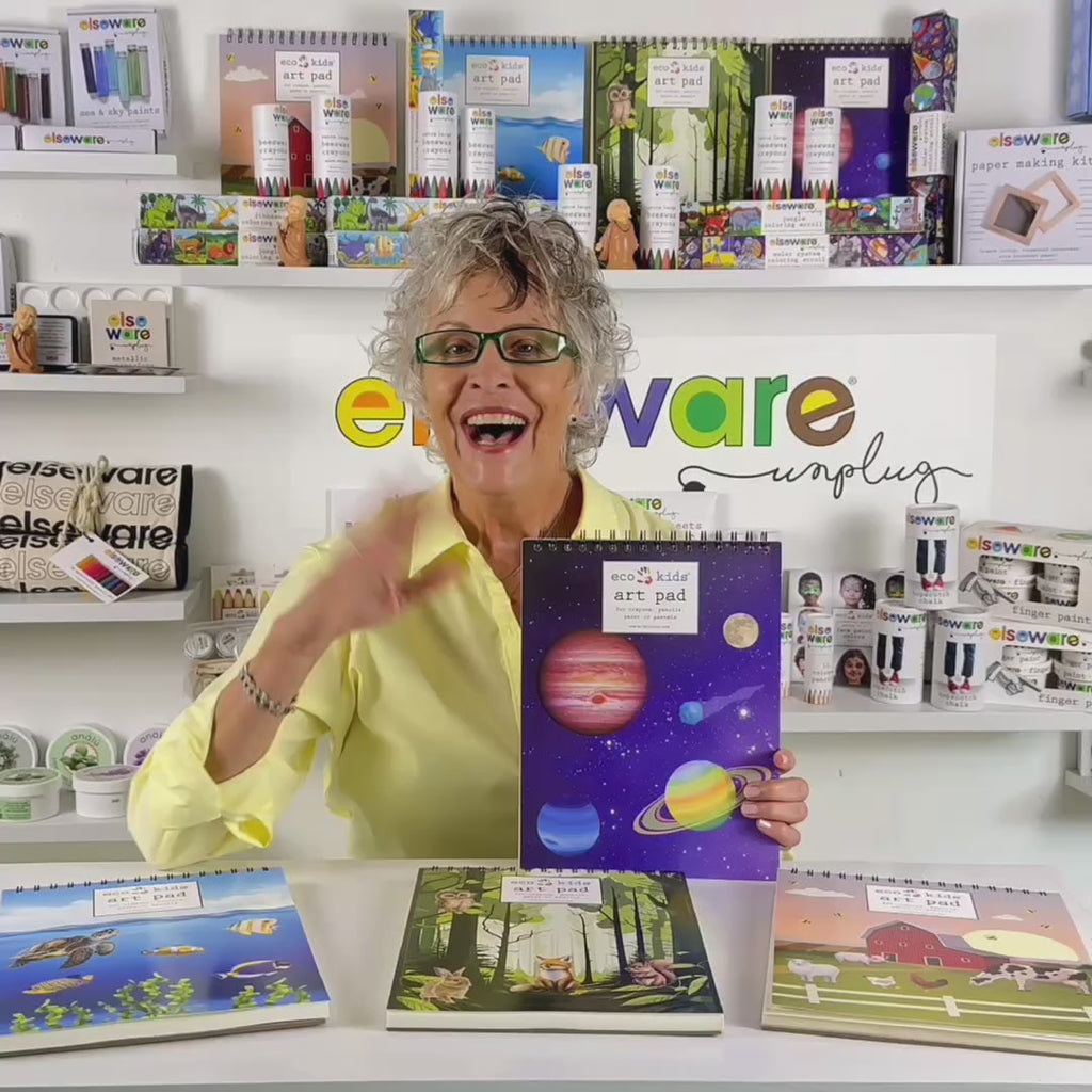 Product demo video showing the 8.5 x 11 spiral bound drawing pad with themed covers and smooth drawing paper being used with crayons, pencils, and paint for creative art projects.