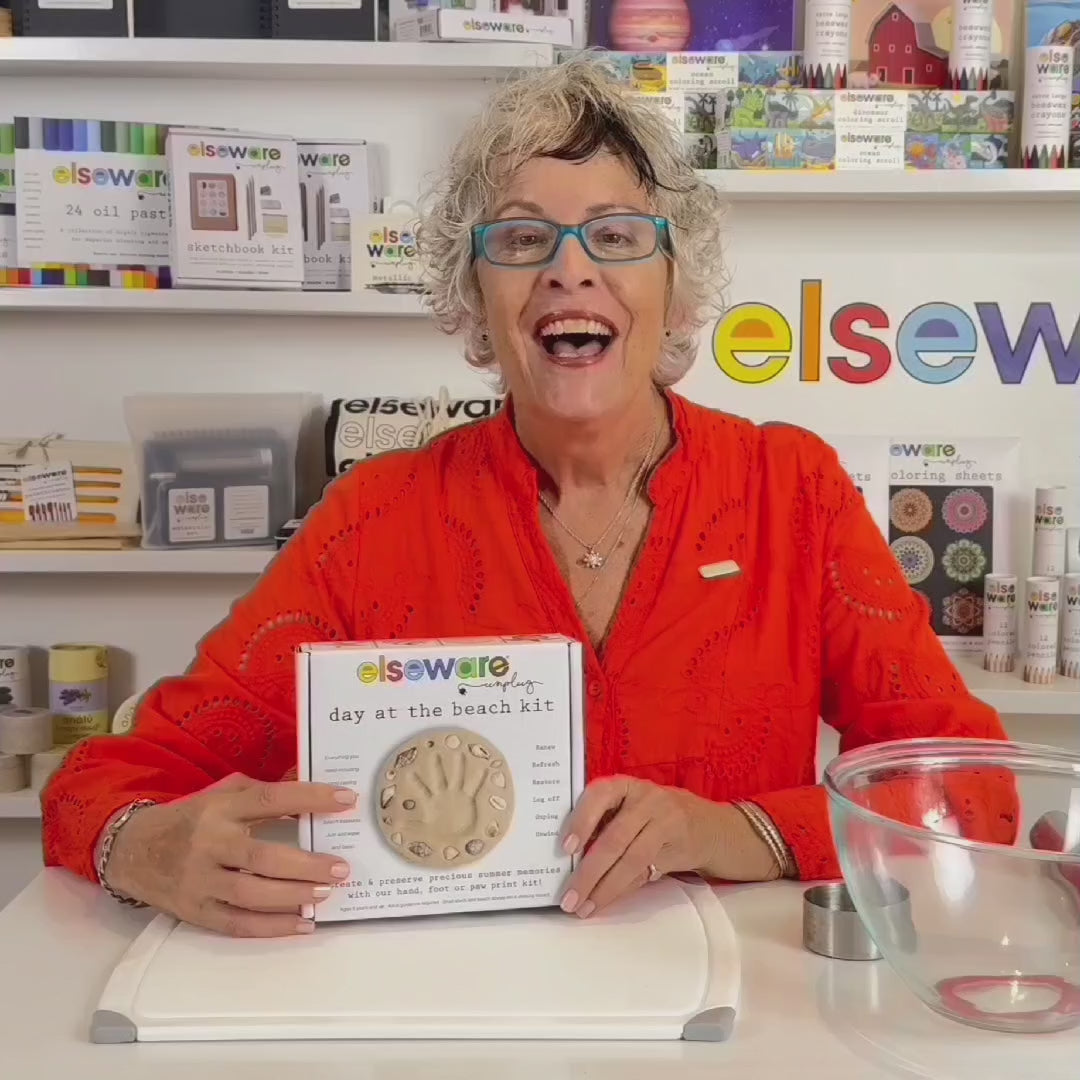 Elseware Unplug Day at the Beach DIY Kit product demo woman in red shirt holding box video 1 of 2
