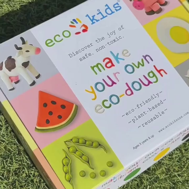 Video showing the Make Your Own Dough Eco-Dough Value Pack packaging and contents, including five colored powder bags for making 2.5 pounds of safe, plant-based dough for kids’ creative play.