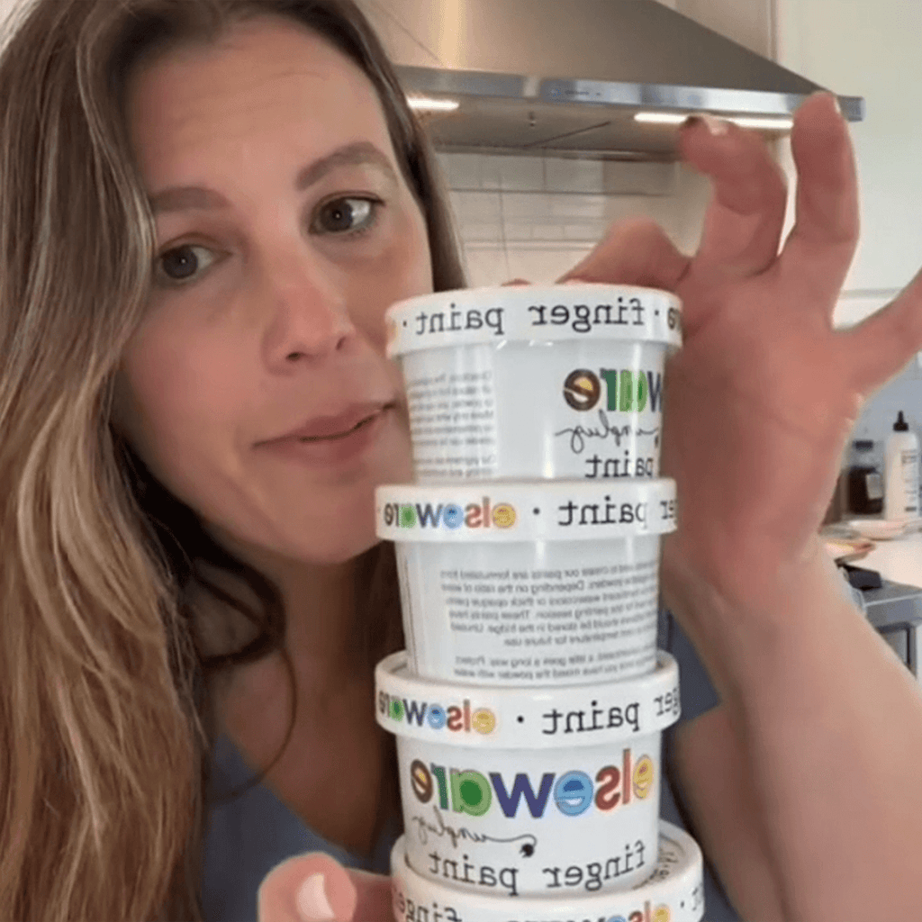 Woman in kitchen talks about Elseware Unplug’s non-toxic finger paints, made in Raleigh, NC