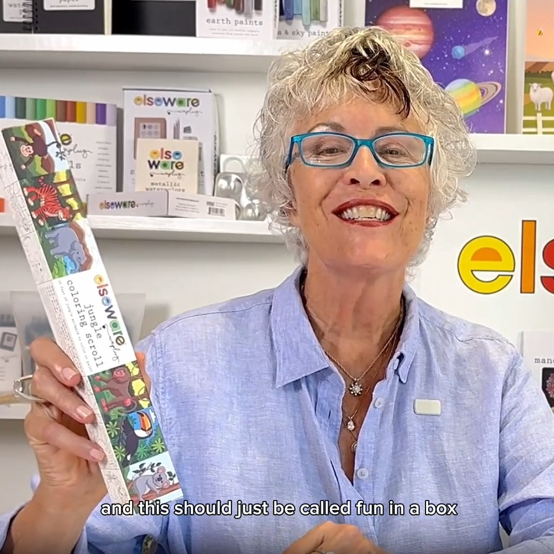 Video of child using the 10-foot Elseware Unplug Coloring Scroll with tear-off pages and temporary adhesive, perfect for travel and screen-free play