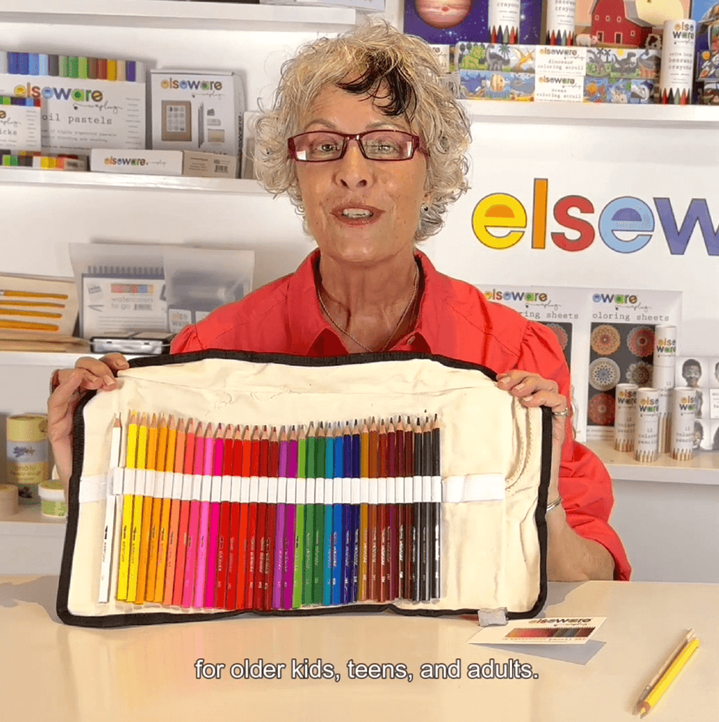 Demo of Elseware Unplug Watercolor Pencils in canvas roll-up case, showing how to draw, blend with water, and create vibrant artwork