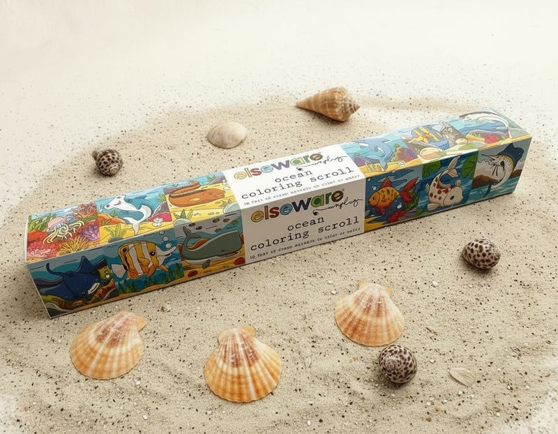 Coloring scroll packaging on sand with shells around