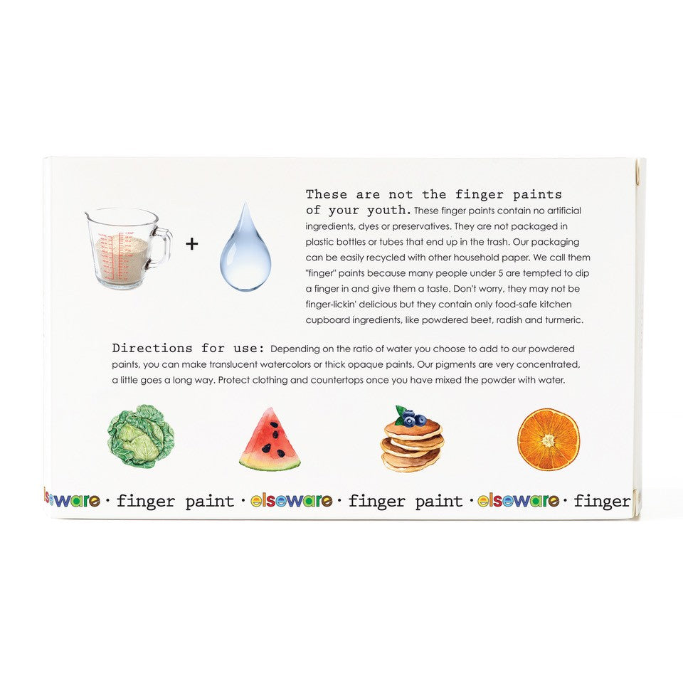 Product packaging with text and illustrations of food items and a water droplet.