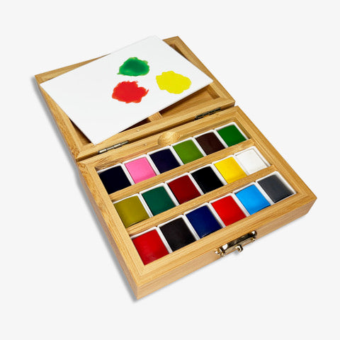 Bamboo watercolor paint set with color swatches on a white background elseware unplug
